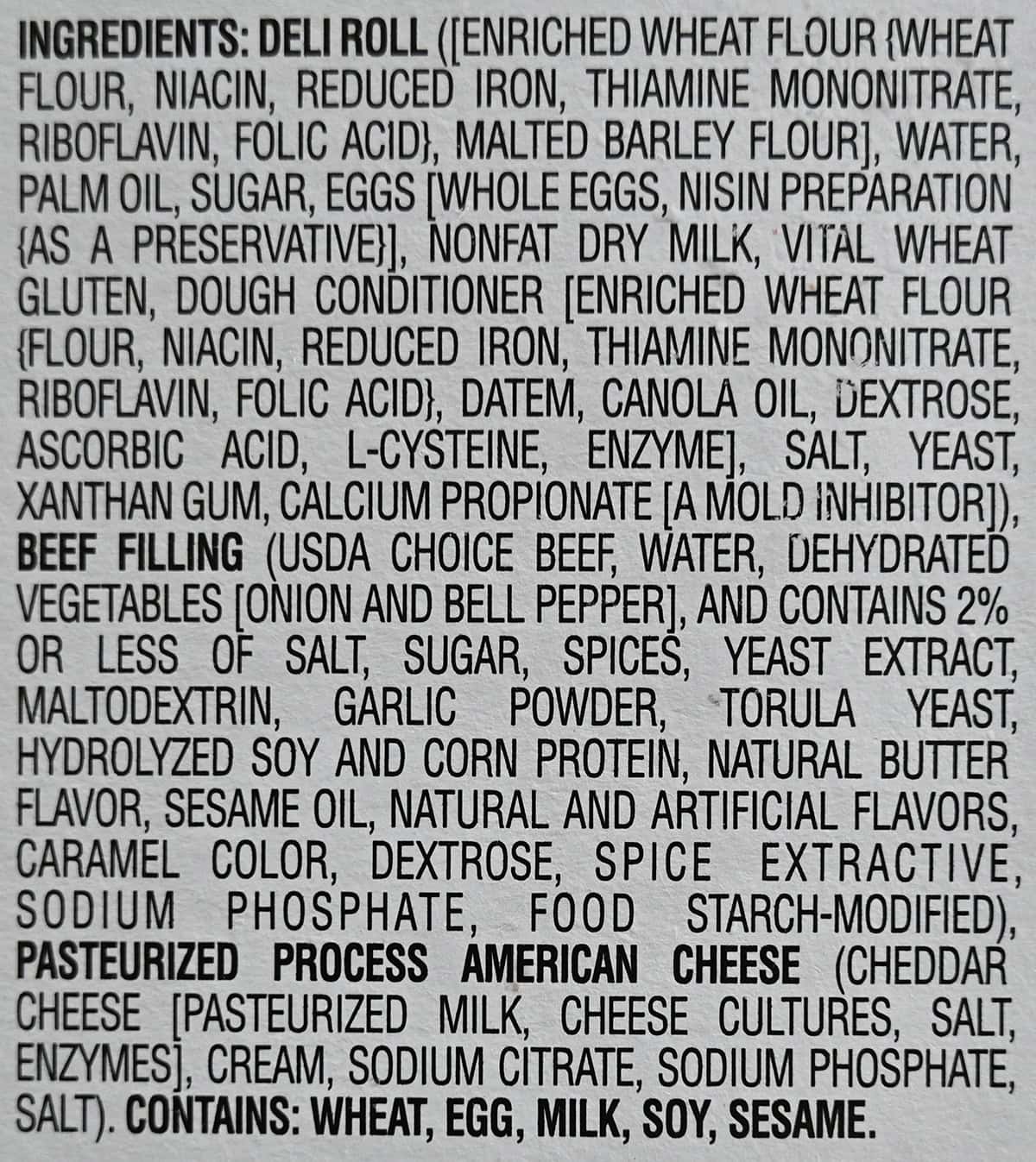 Image of the ingredients for the cheesesteaks from the back of the box.