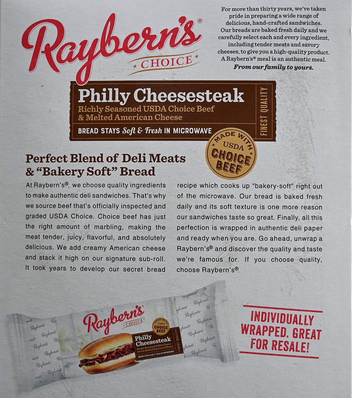 Image of the back of the box of cheesesteaks showing the product description and company description.