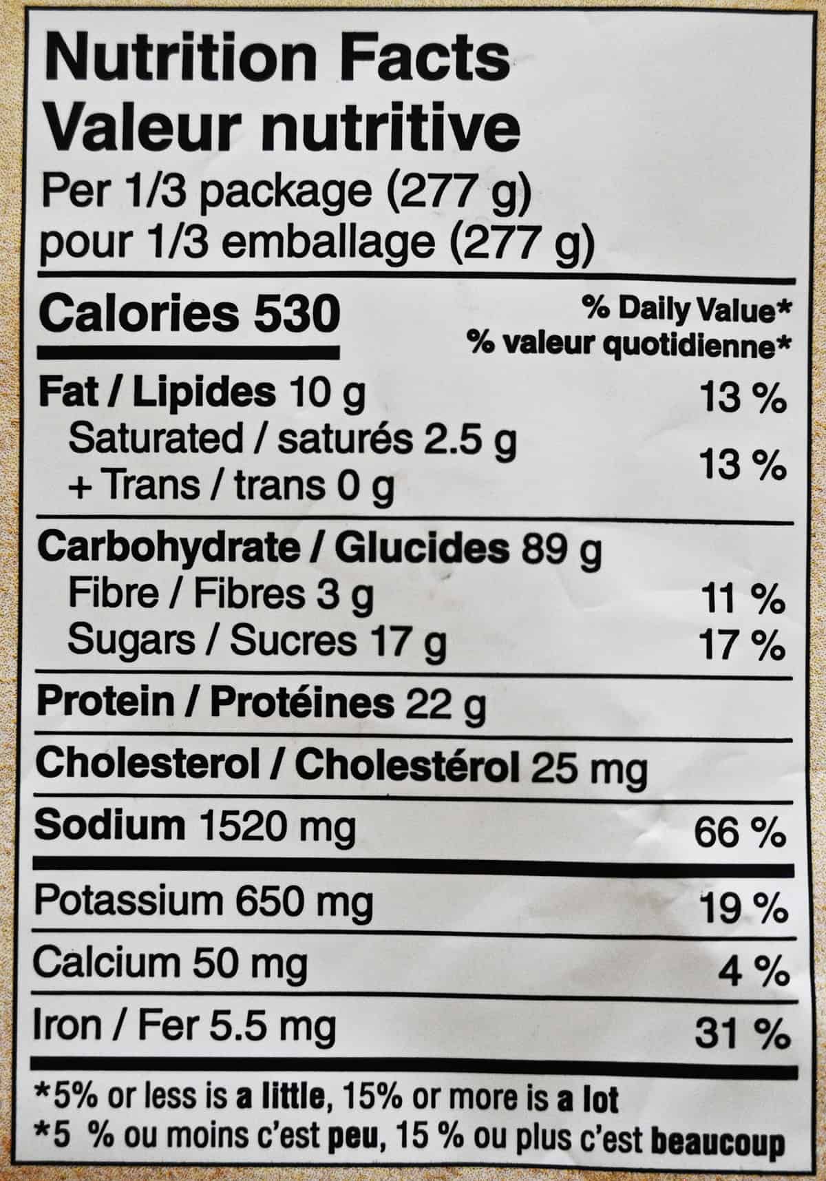 Image of the nutrition facts for the stir fry from the back of the package. 