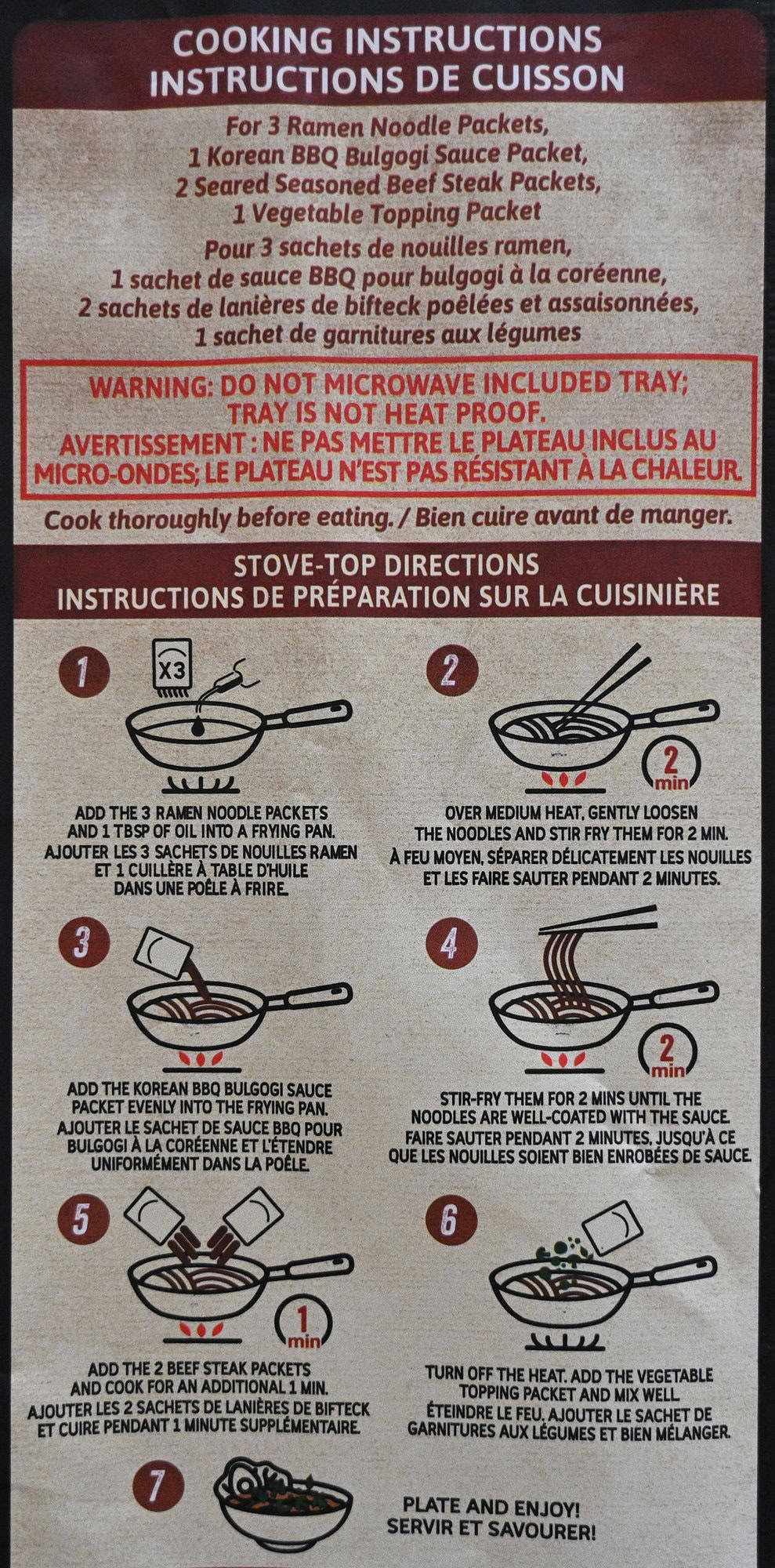 Image of the cooking instructions for the stir fry from the back of the package.