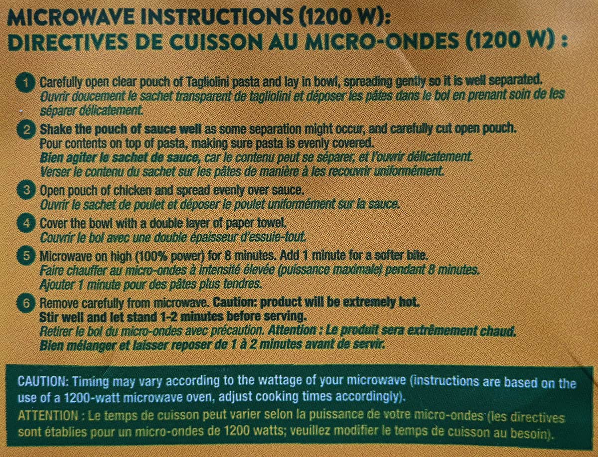 Image of the microwave cooking instructions for the pasta from the back of the package. 