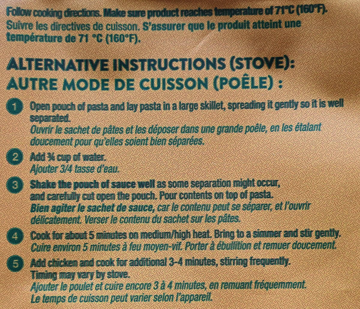 Image of the stove top cooking instructions for the pasta from the back of the package. 