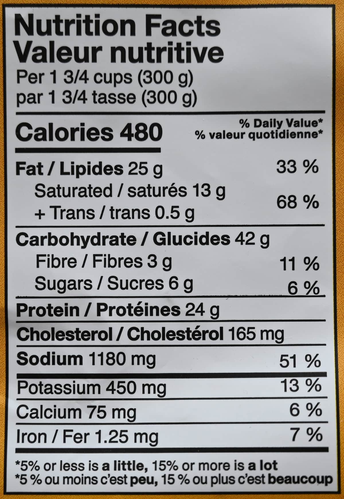 Image of the nutrition facts for the pasta from the back of the package.