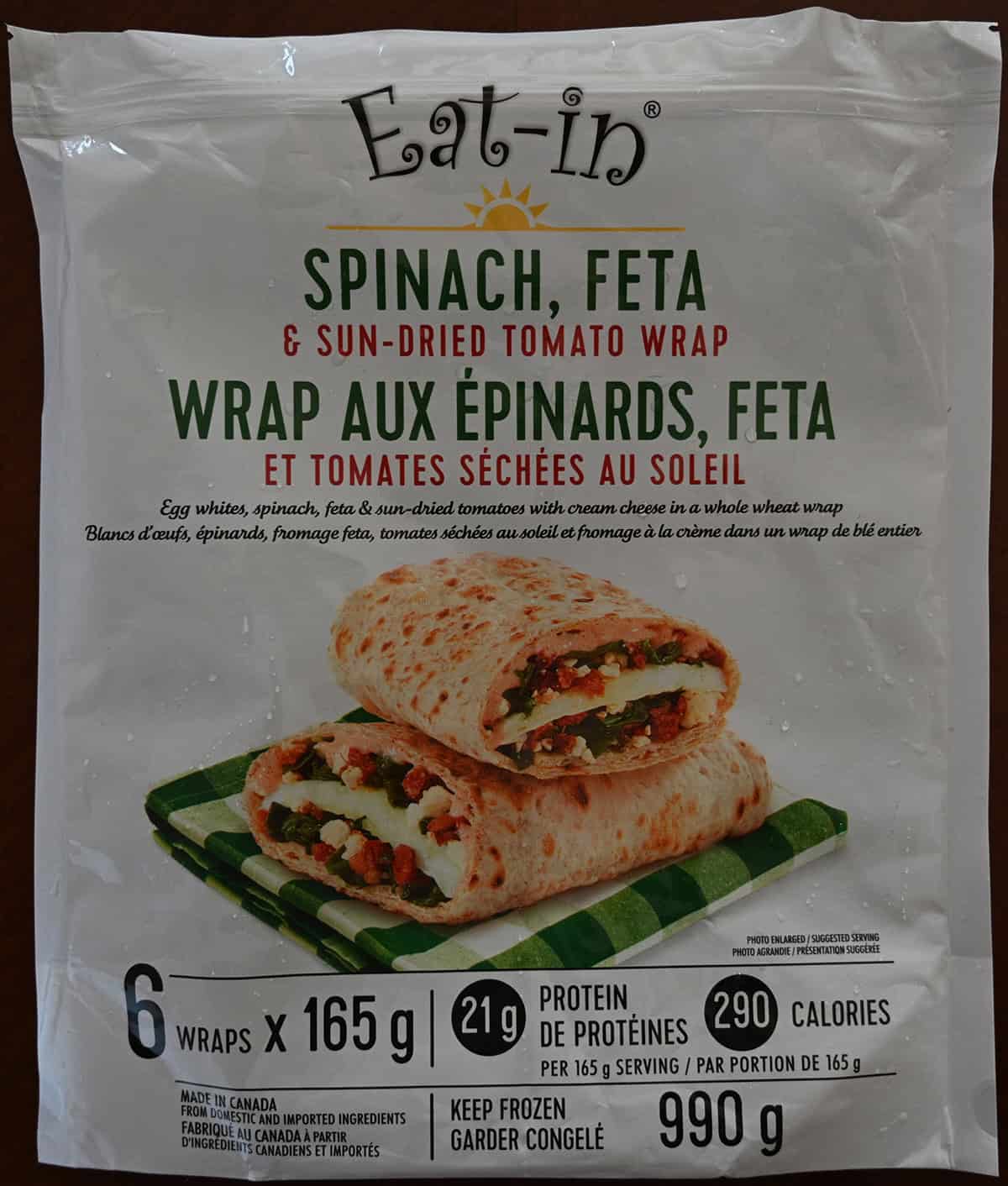 Closeup image of the front of the bag for the breakfast wraps showing product description and that they're made in Canada.