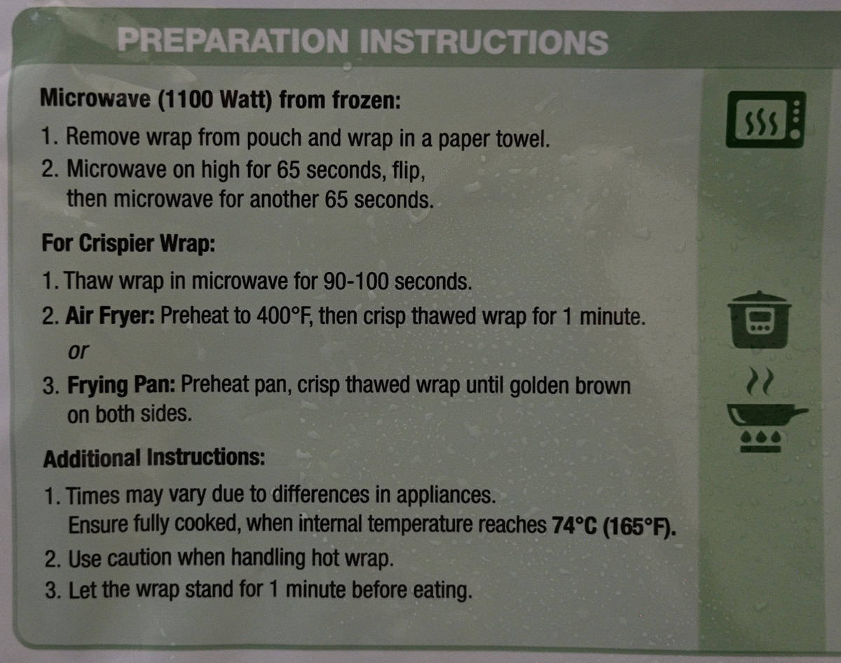 Image of the preparation instructions for the breakfast wraps from the back of the bag. 