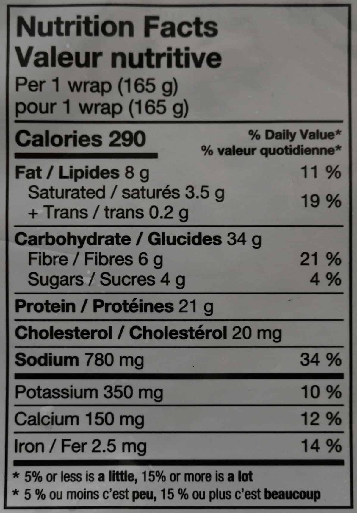 Image of the nutrition facts for the wraps from the back of the bag. 