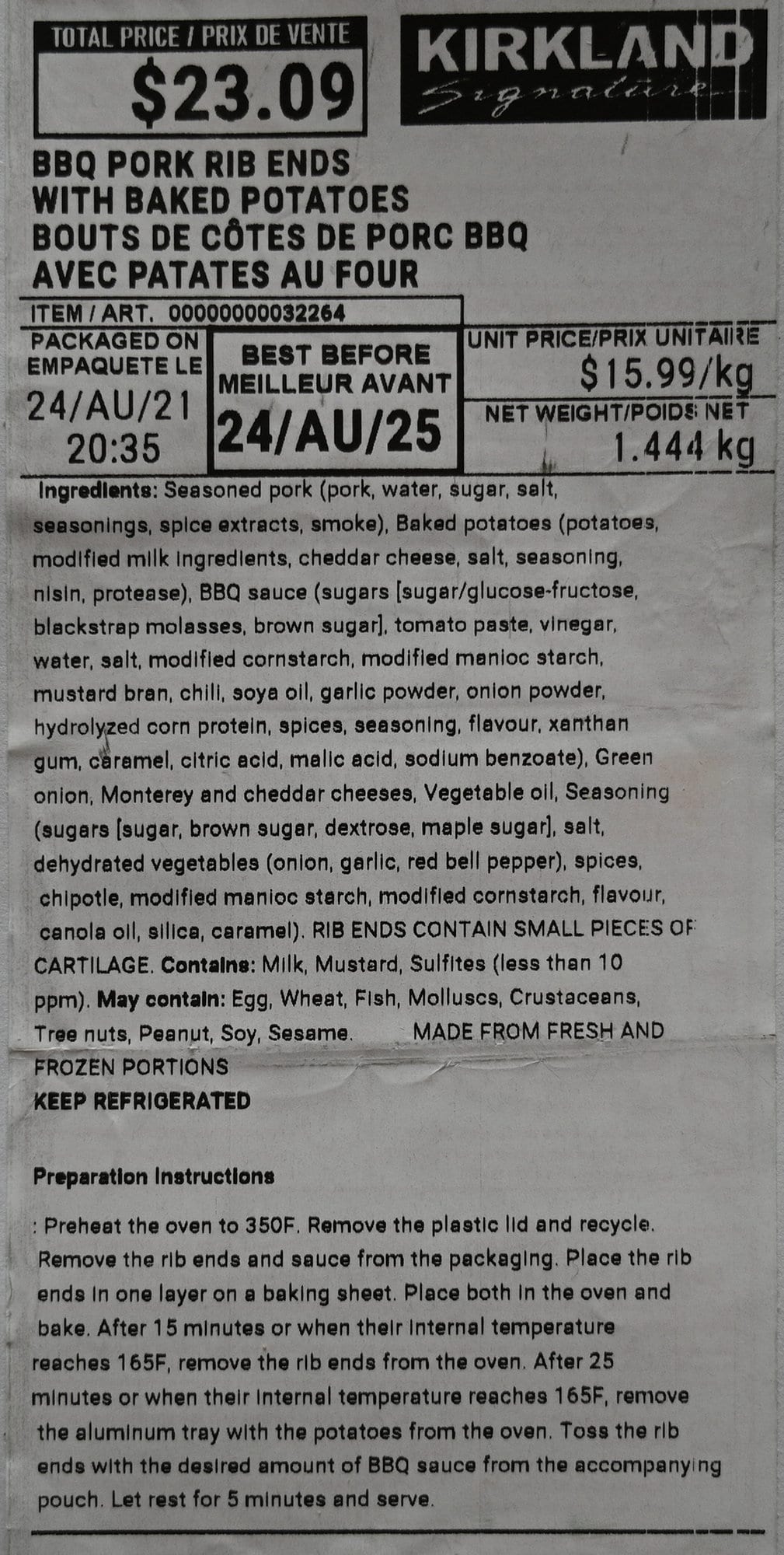 Image of the front label on the rib ends meal showing best before date, ingredients and cost.