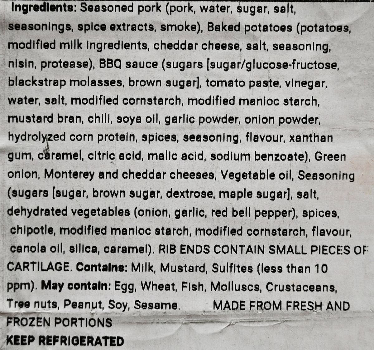 Image of the ingredients list for the rib ends meal from the back of the package.