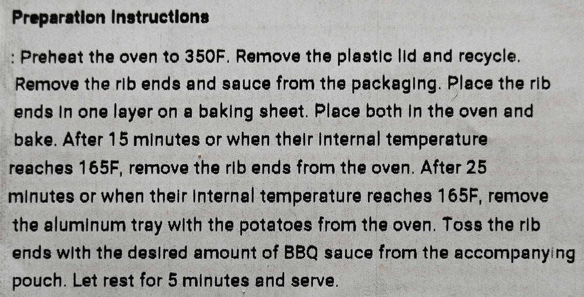 Image of the preparation instructions for the rib ends meal from the package.