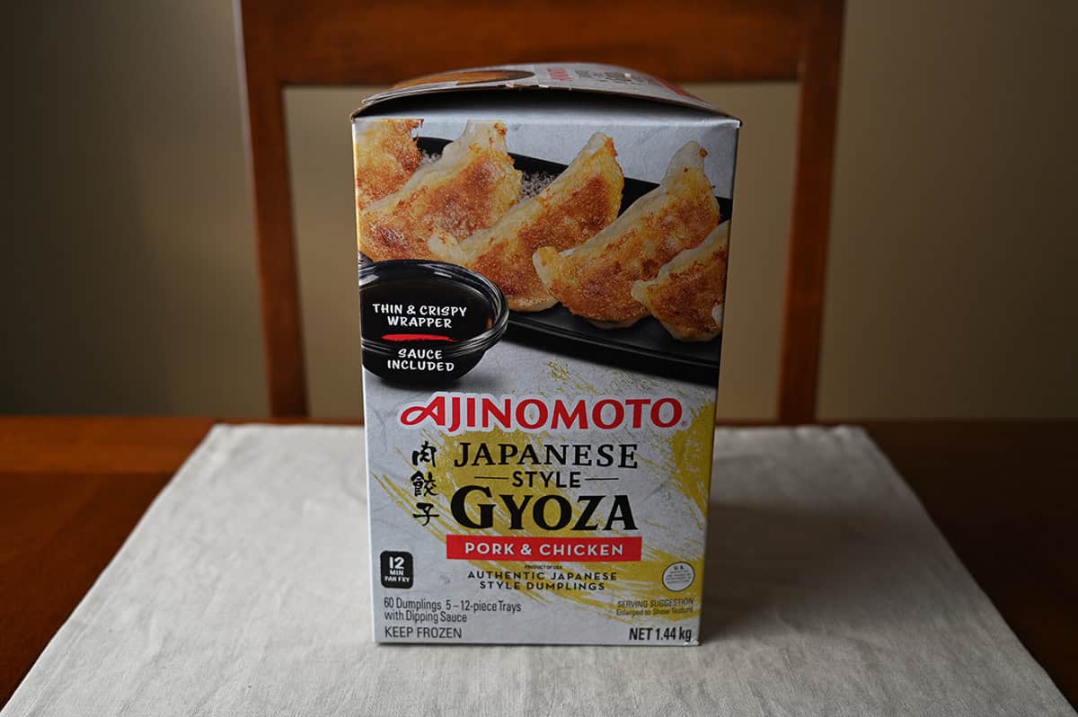 Image of the Costco Ajinomoto Japanese Style Gyoza box unopened sitting on a table.