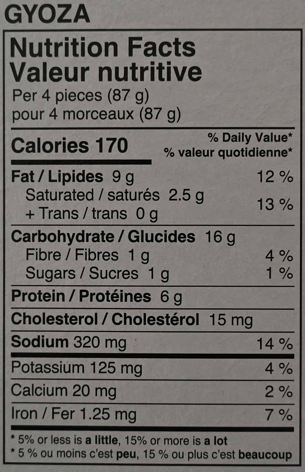 Image of the nutrition facts for the gyoza from the back of the box.