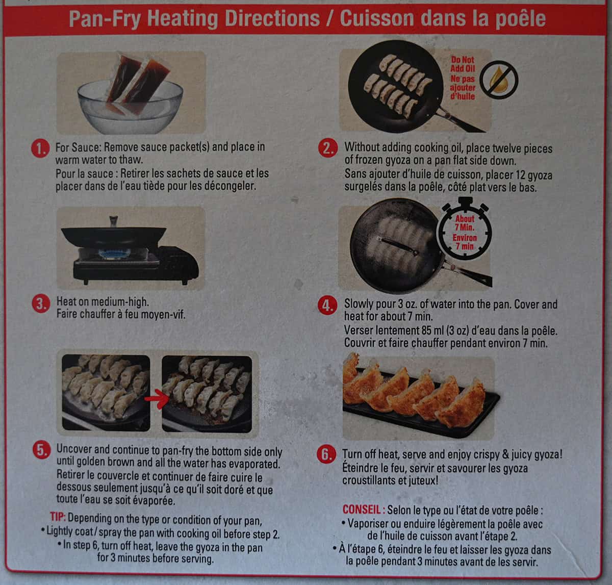 Image of the cooking instructions for the gyoza from the back of the package. 