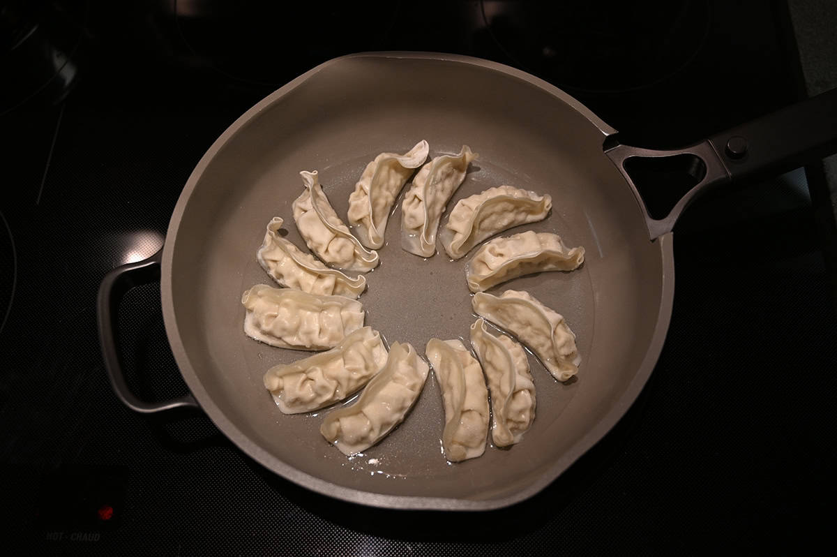 Image of 12 gyoza being cooked in a frying pan on a stovetop.