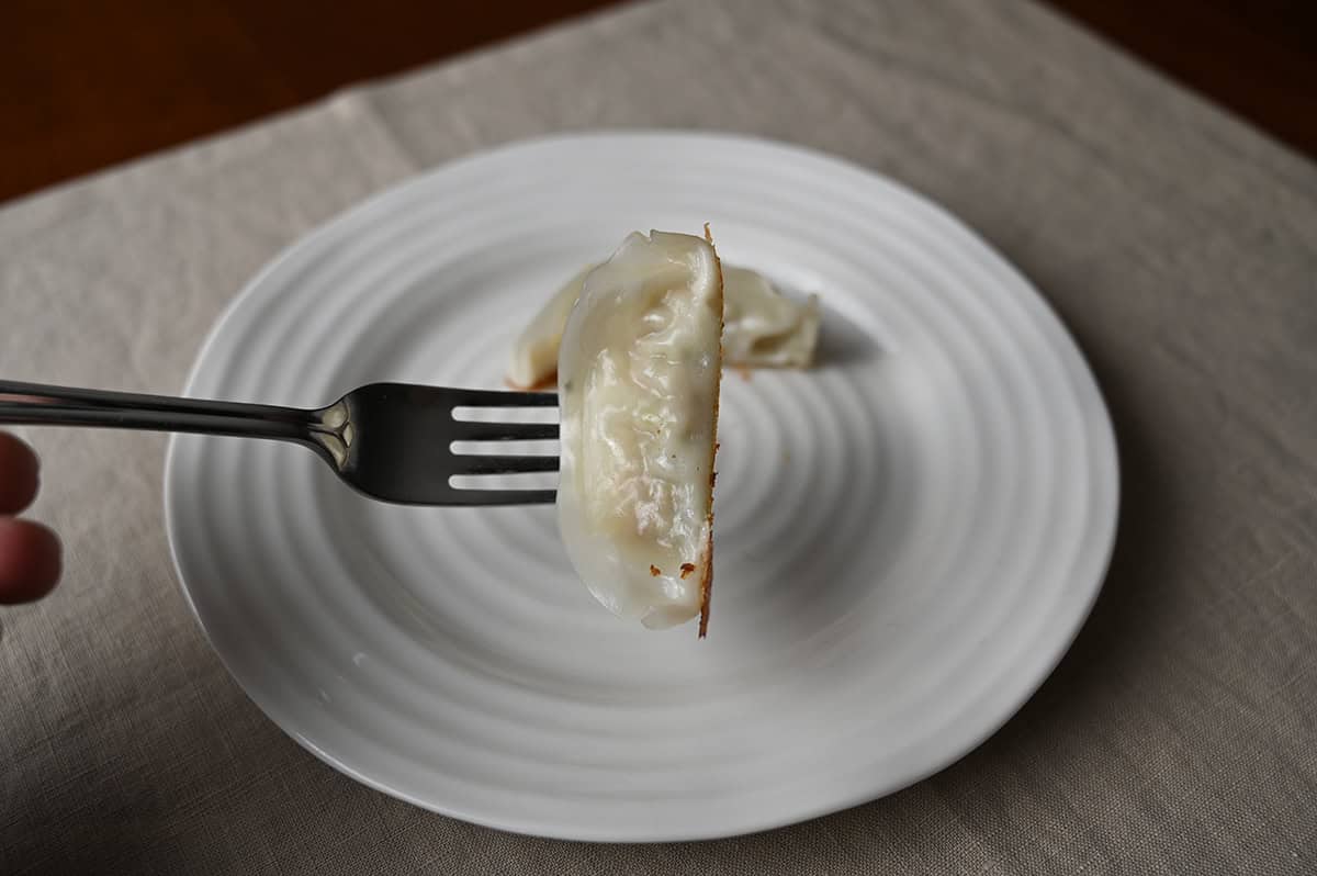 Image of a fork with one gyoza on it close to the camera. 