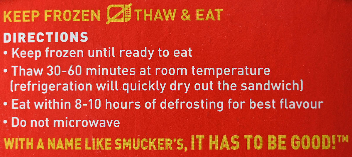 Image of the thawing directions for the Uncrustables from the back of the box.