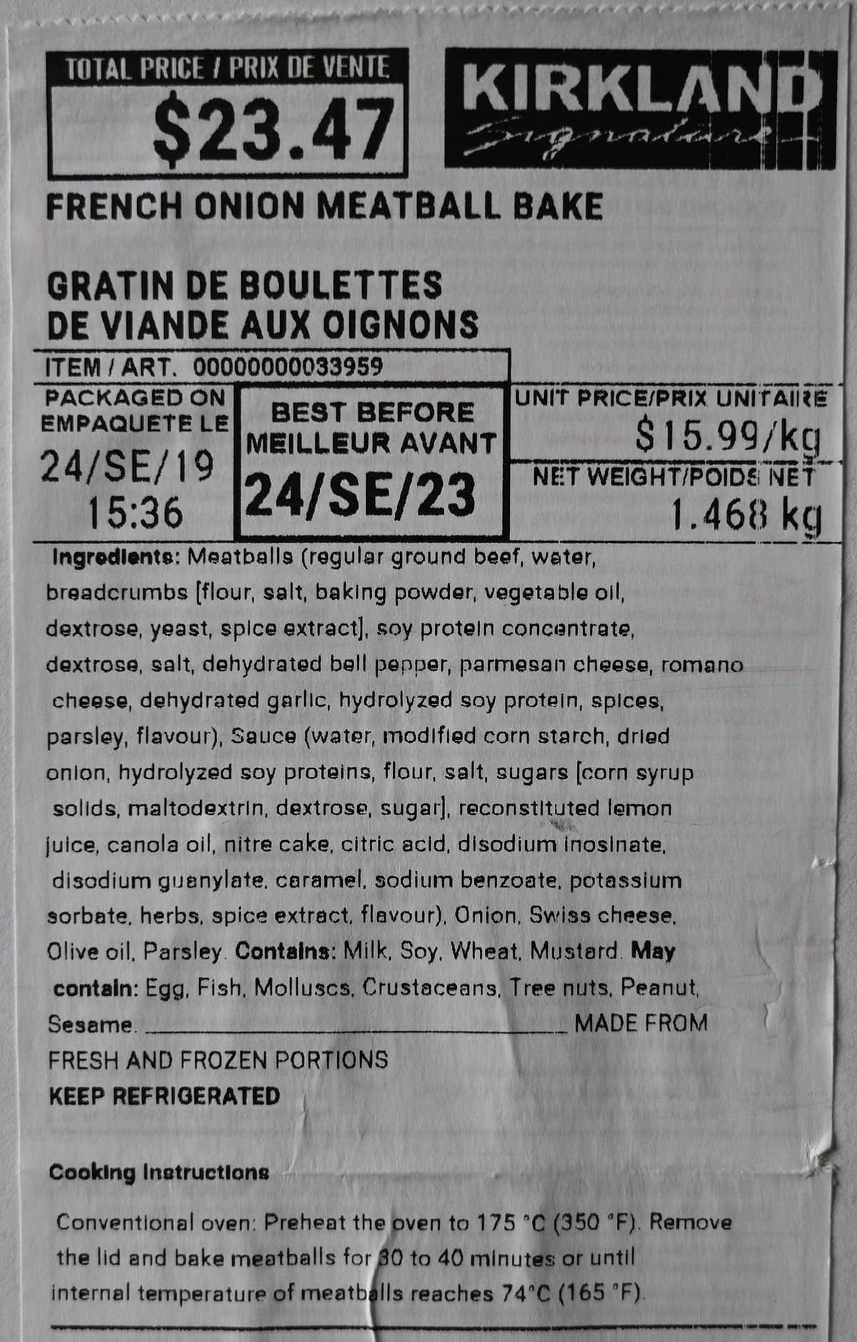 Closeup image of the front label on the french onion meatball bake showing ingredients and cost. 