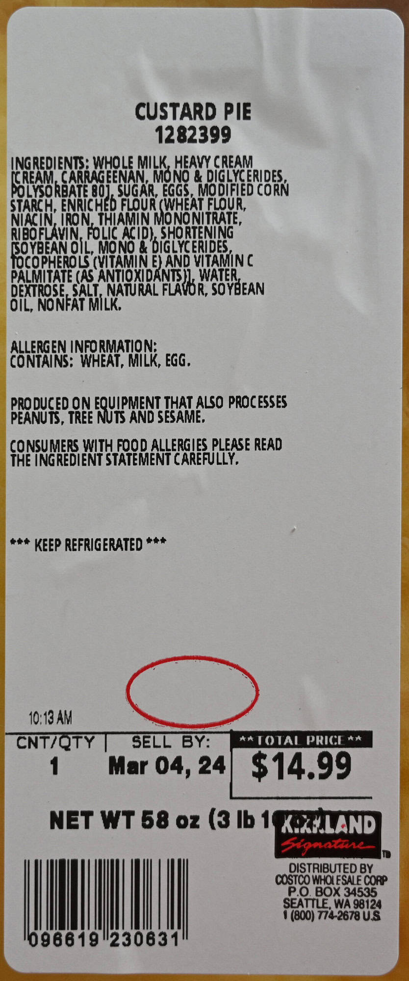 Closeup image of the Custard Pie label showing ingredients, cost and best before date.