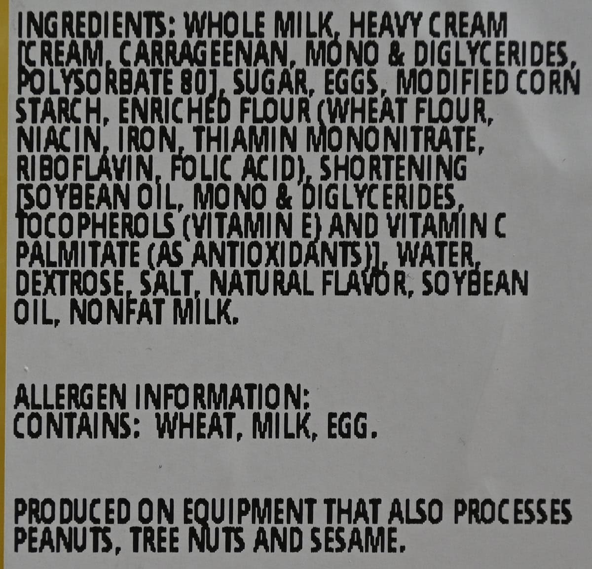 Image of the ingredients for the custard pie from the label.