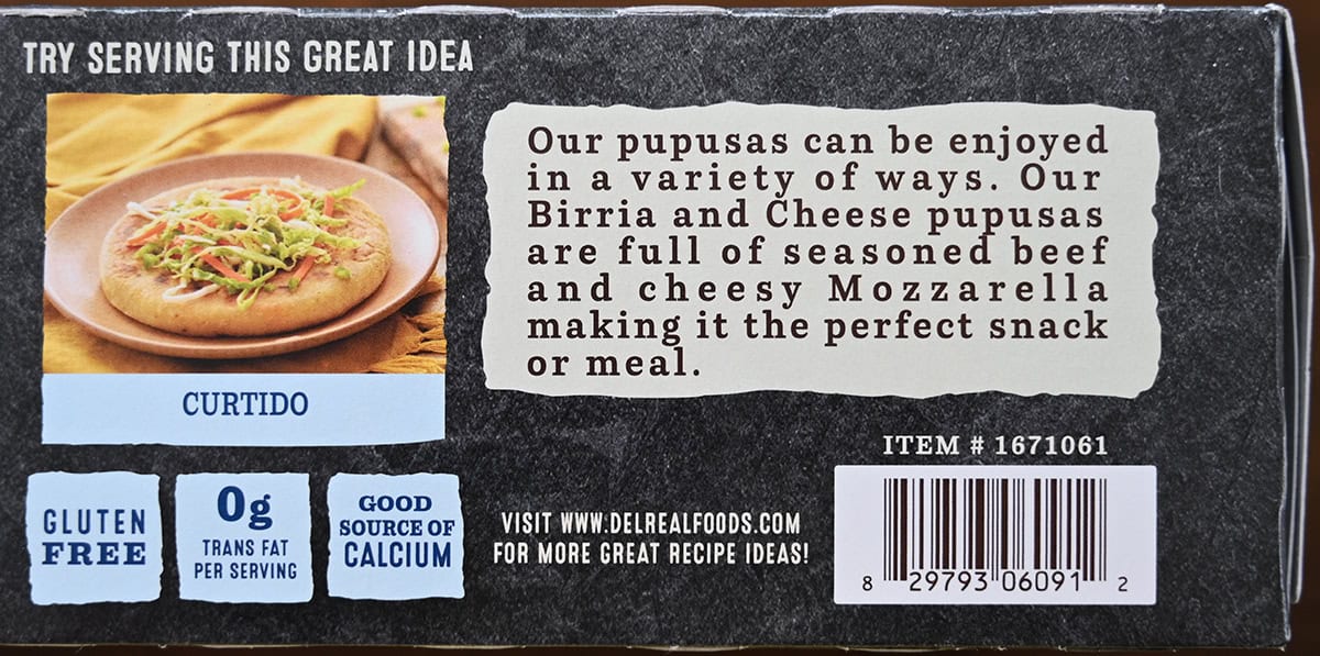 Image of the product description for the pupusas from the back of the box.