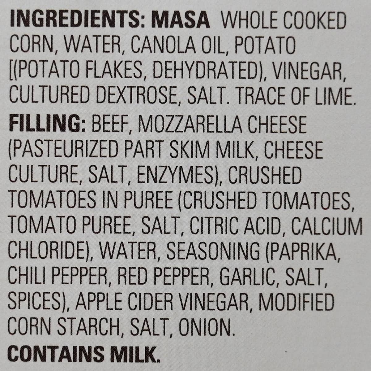 Image of the ingredients for the pupusas from the back of the box.