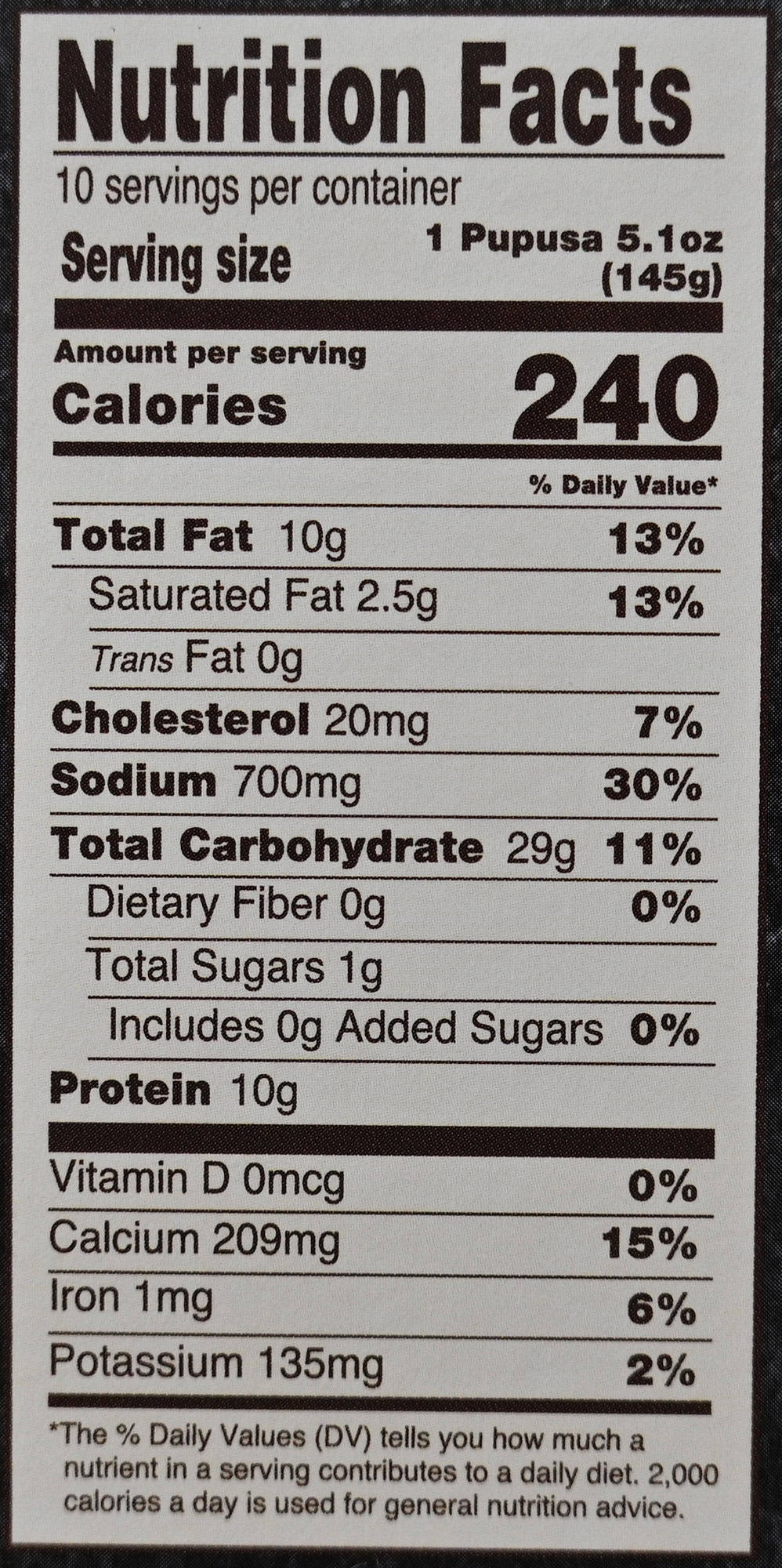 Image of the nutrition facts for the pupusas from the back of the box.