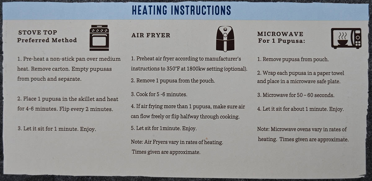 Image of the heating instructions for the pupusas from the back of the box.