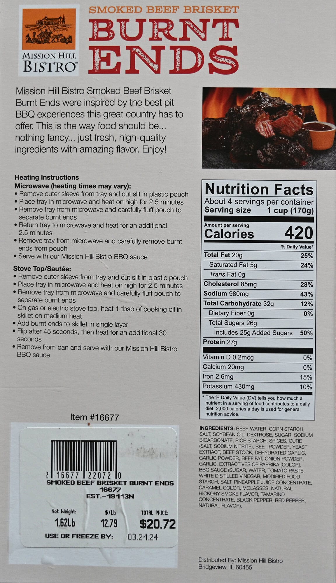 Image of the back of the packaging of the burnt ends showing product and company description, cooking instructions and nutrition facts.