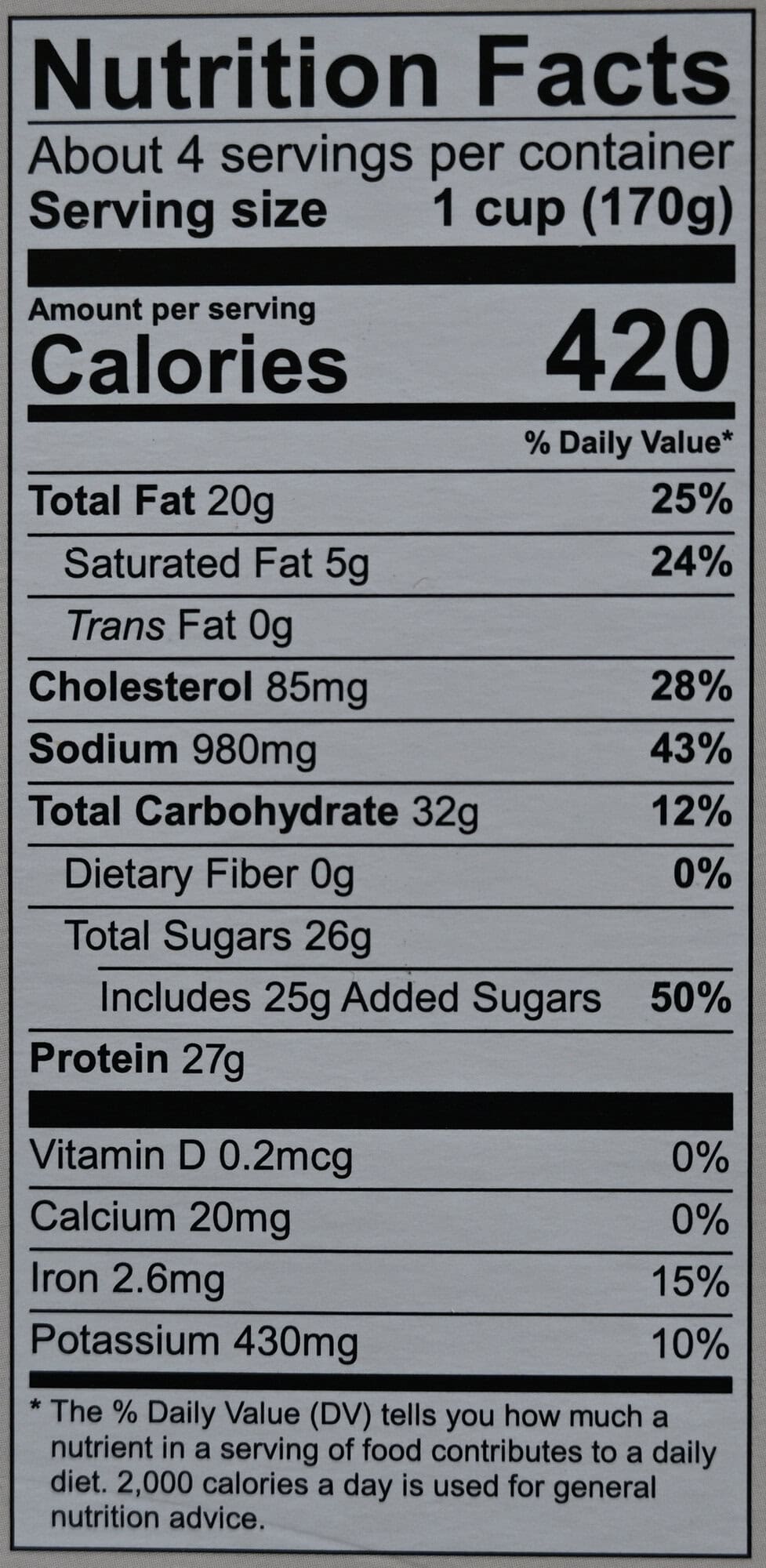 Image of the nutrition facts for the burnt ends from the back of the package.