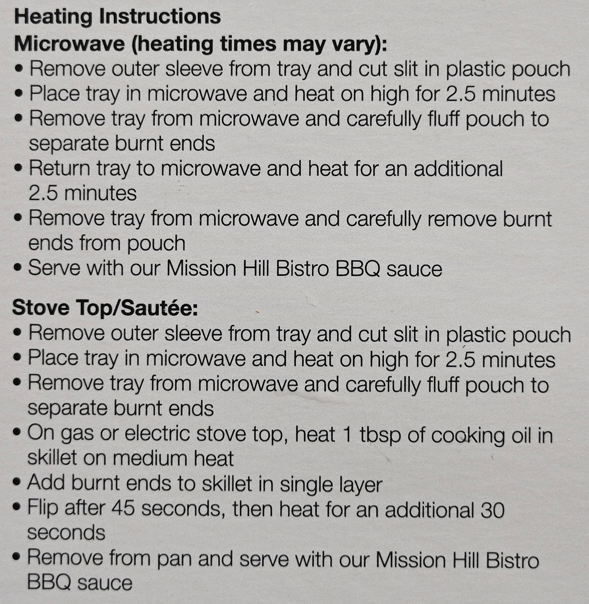 Image of the heating instructions for the burnt ends from the back of the package.