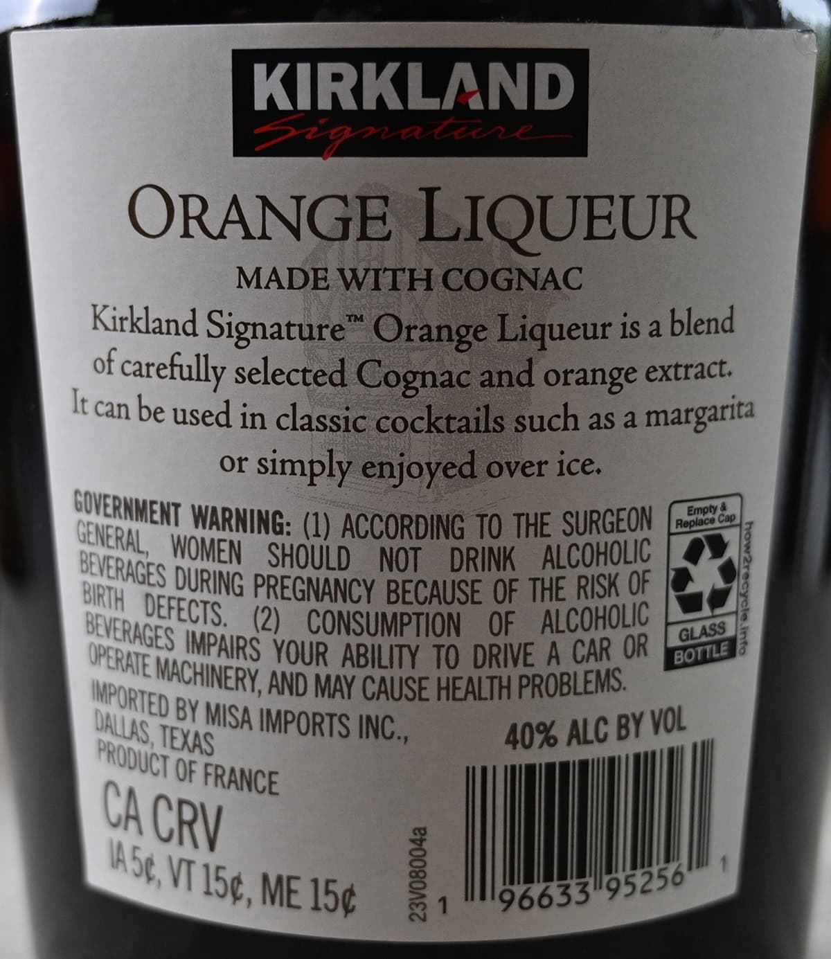 Image of the product description for the Kirkland Signature Orange Liqueur from the back of the bottle. 