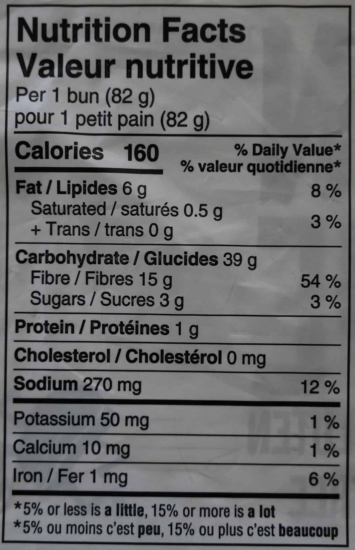 Image of the nutrition facts for the buns from the back of the bag.