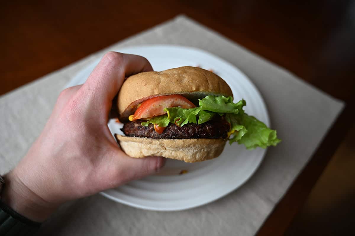 Image of a hand holding a fully dressed hamburger close to the camera using the hamburger buns.