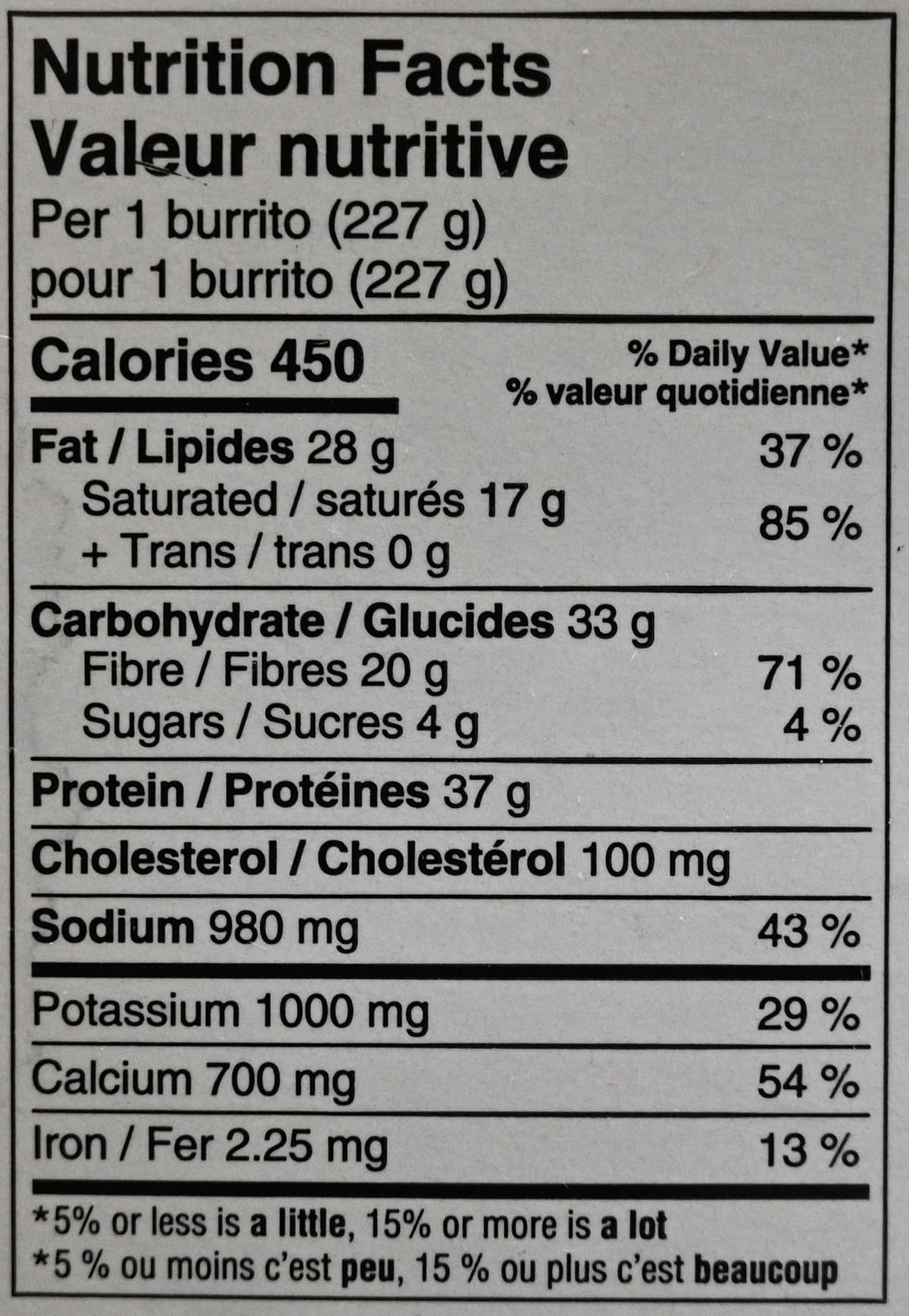 Image of the nutrition facts for the burritos from the back of the package.