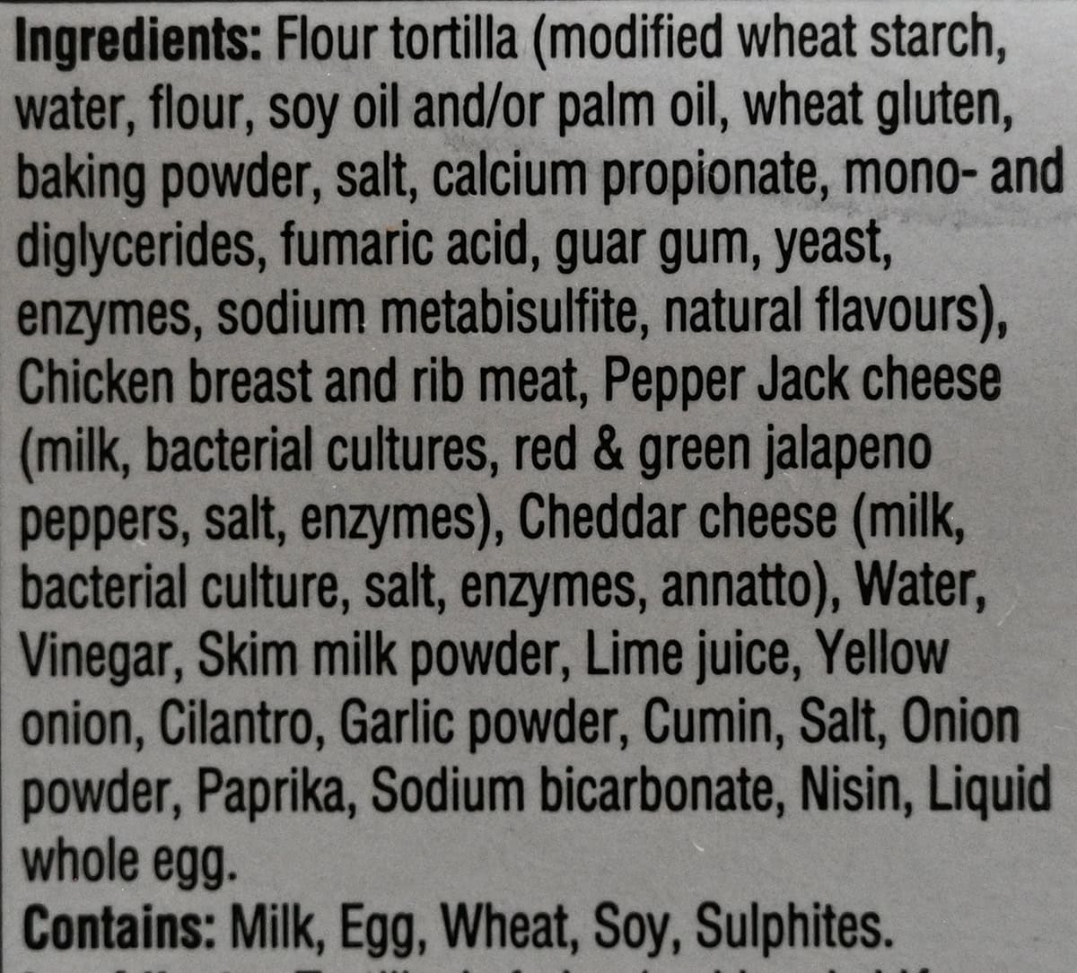 Image of the ingredients for the burritos from the back of the package. 