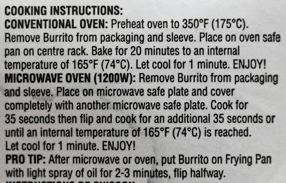 Image of the cooking instructions for the burrito from the package.