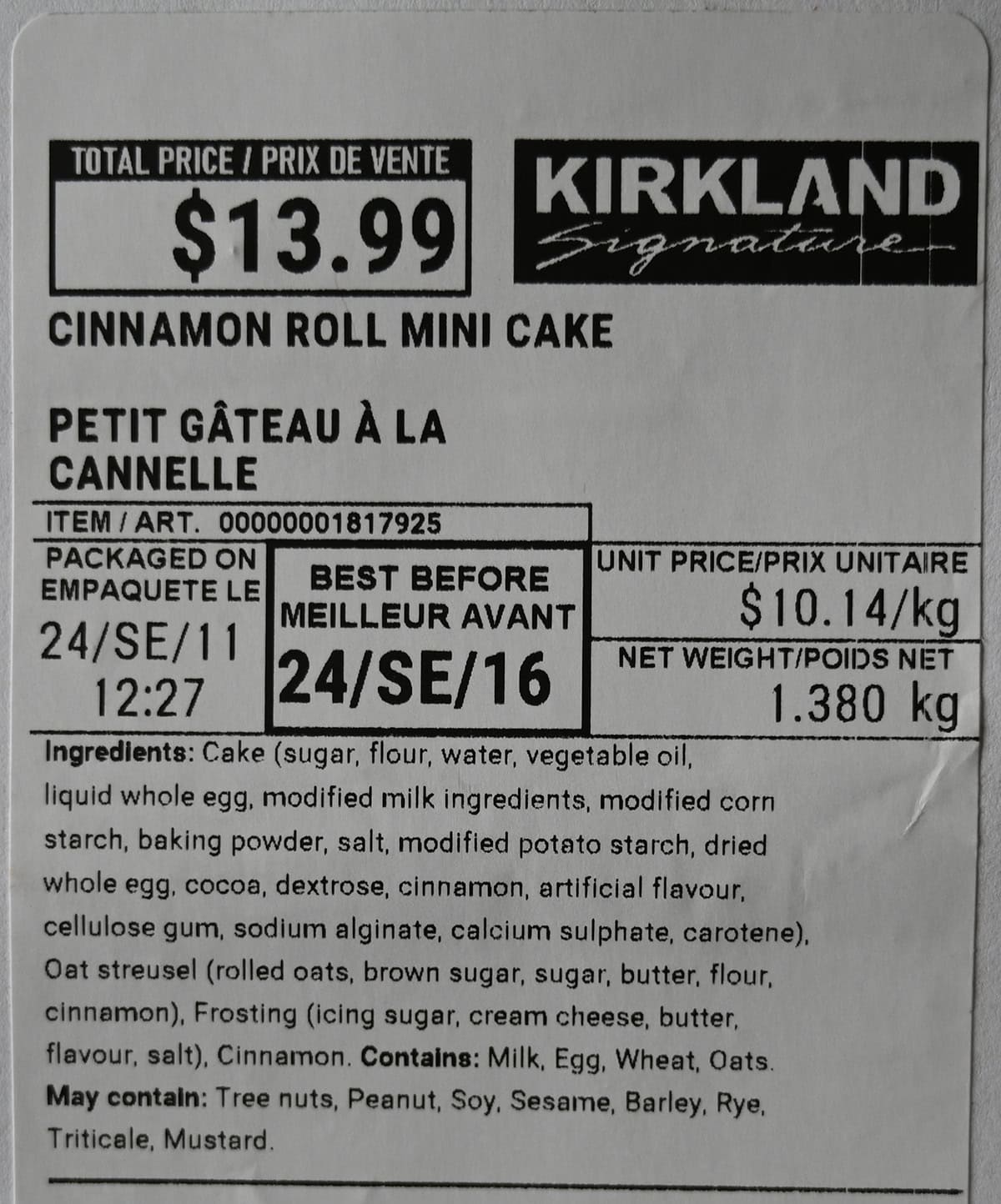 Image of the front label for the cinnamon roll mini cakes showing price, ingredients and best before date.