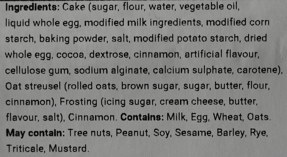 Image of the ingredients list for the Costco Cinnamon Roll Mini Cakes from the label.