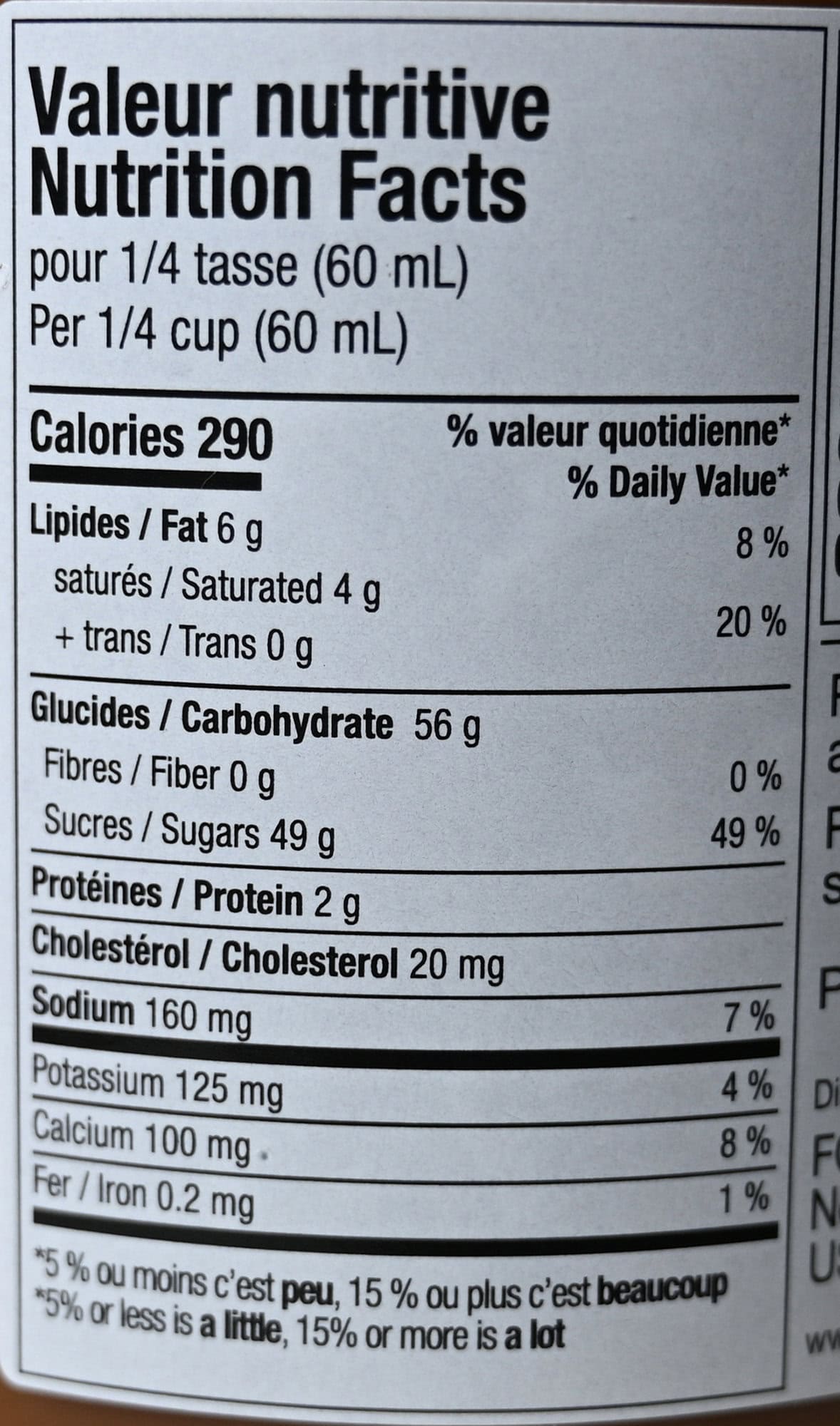 Image of the nutrition facts for the salted caramel from the back of the jar.