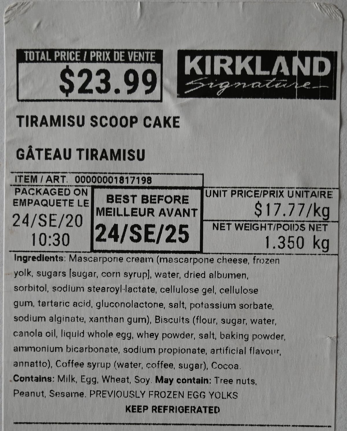 Image of the front label from the Costco Kirkland Signature Tiramisu Scoop Cake showing the cost, ingredients and expiry. 