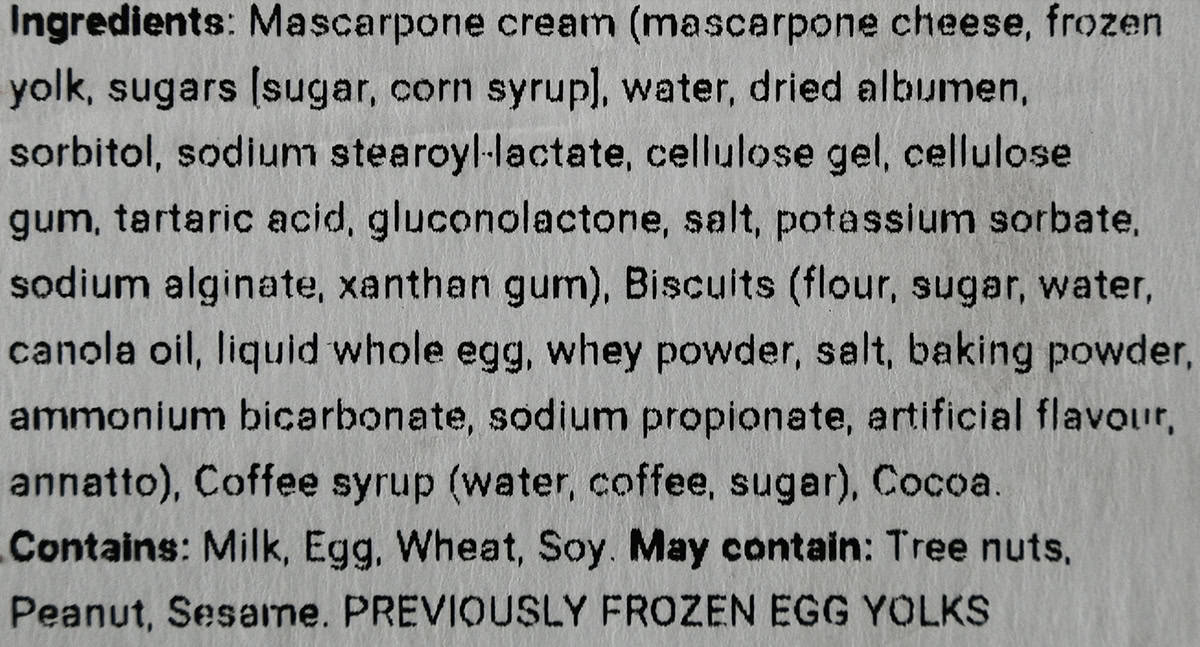 Image of the ingredients list from the Costco Kirkland Signature Tiramisu Scoop Cake from the front labe.