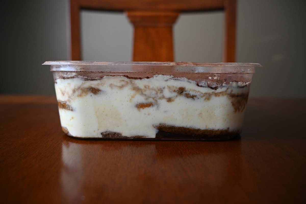 Image of the side of Tiramisu Scoop Cake container showing the depth of the cake.