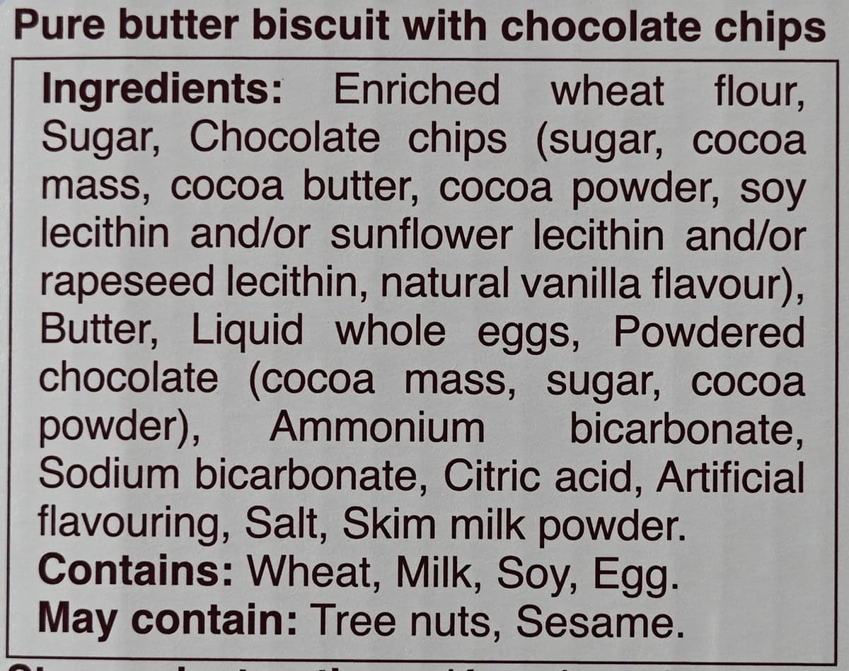 Image of the ingredients list for the cookies from the back of the box.