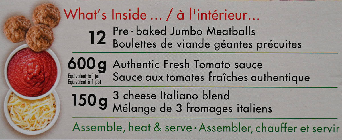 Image of the product description of what's inside the meatball bake package. 