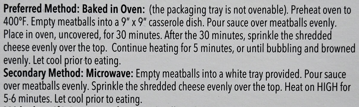 Image of the cooking instructions for the meatball bake from the back of the package.