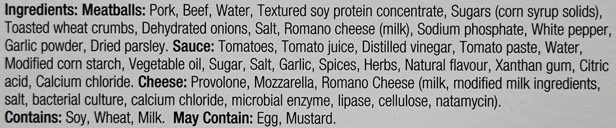 Image of the ingredients list for the meatballs from the back of the package.