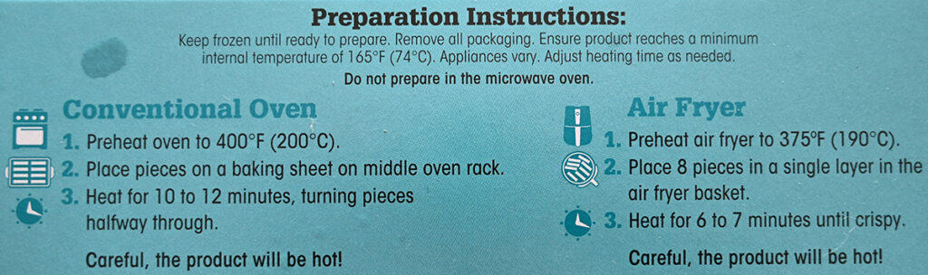 Image of the cooking instructions for the tacos from the back of the bag.