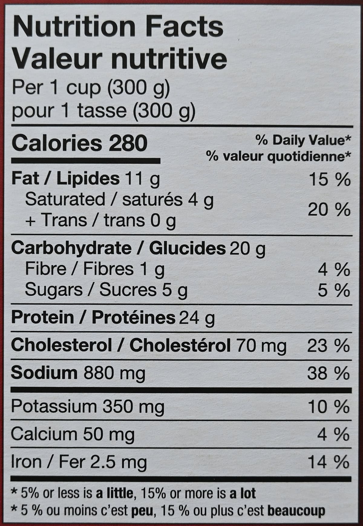 Image of the nutrition facts for the curry from the back of the box.