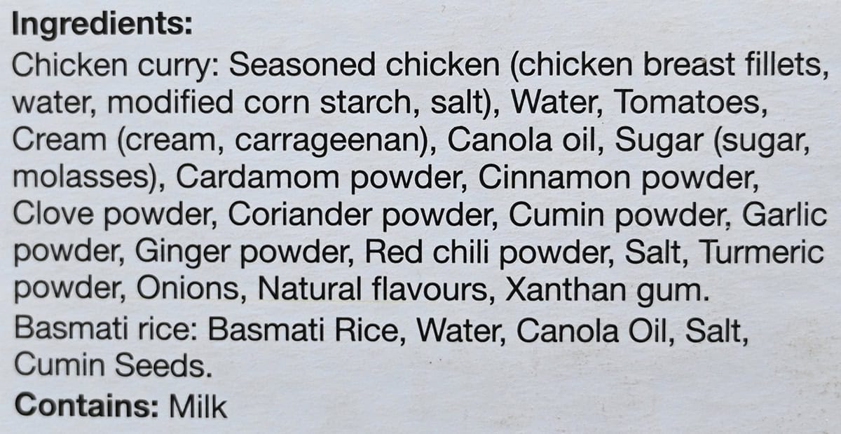 Image of the ingredients list for the rice and curry from the back of the box.