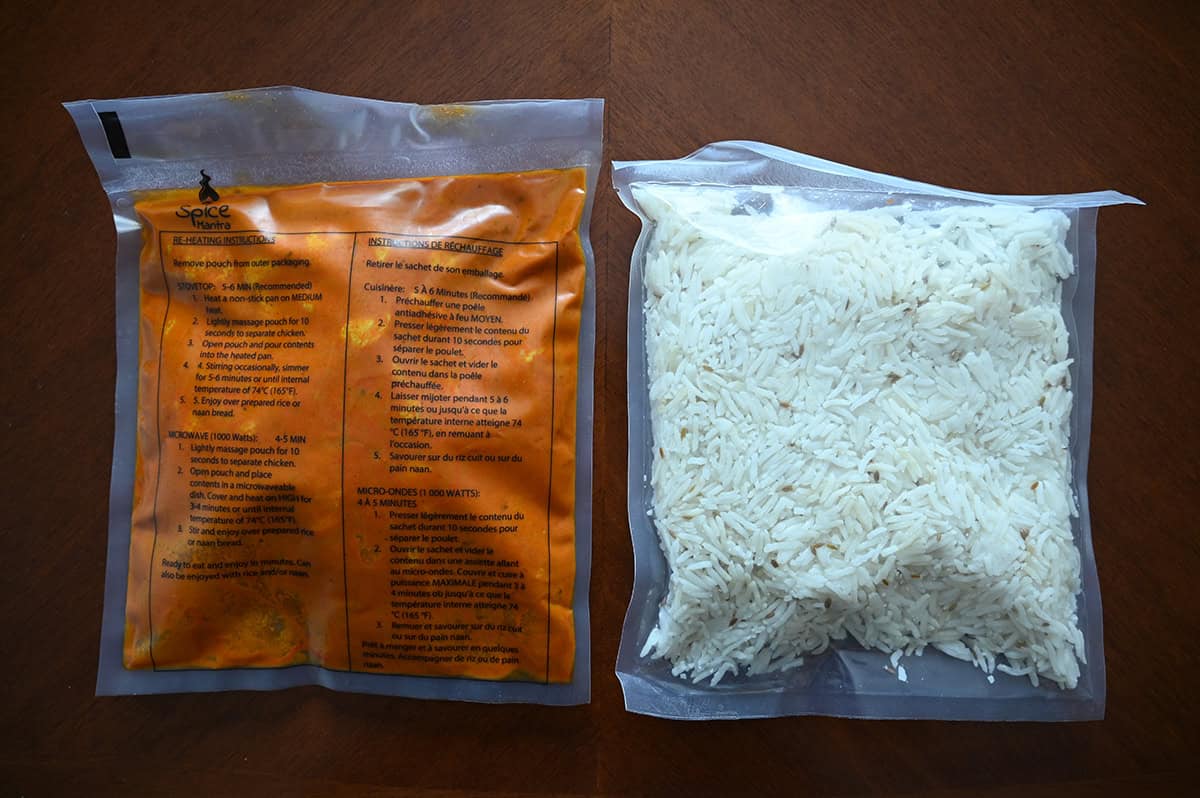 Image of a vacuum sealed bag beside a bag of white rice, both are unopened and on a table.