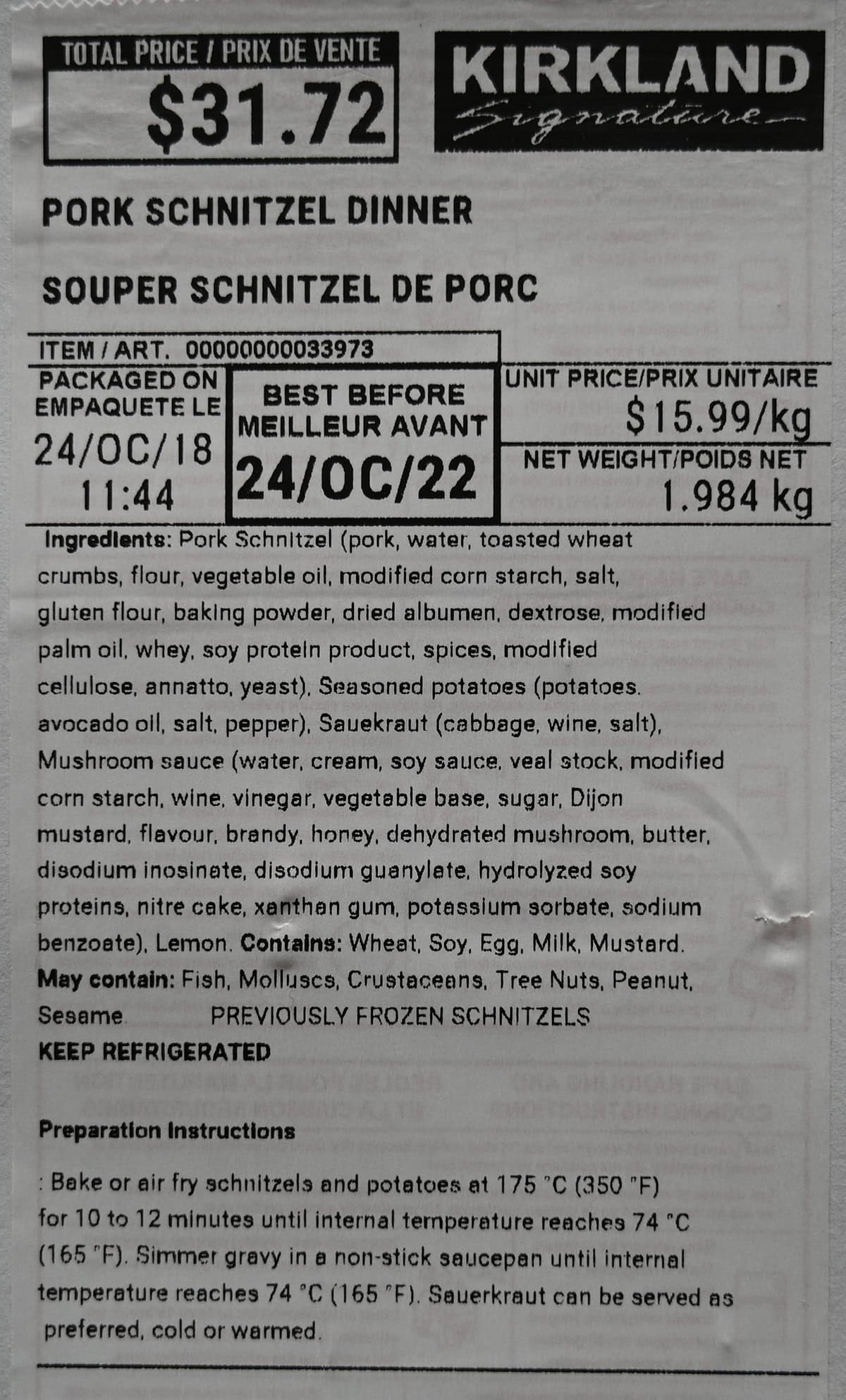 Image of the front label on the pork schnitzel with cost, expiry date and ingredients on the label